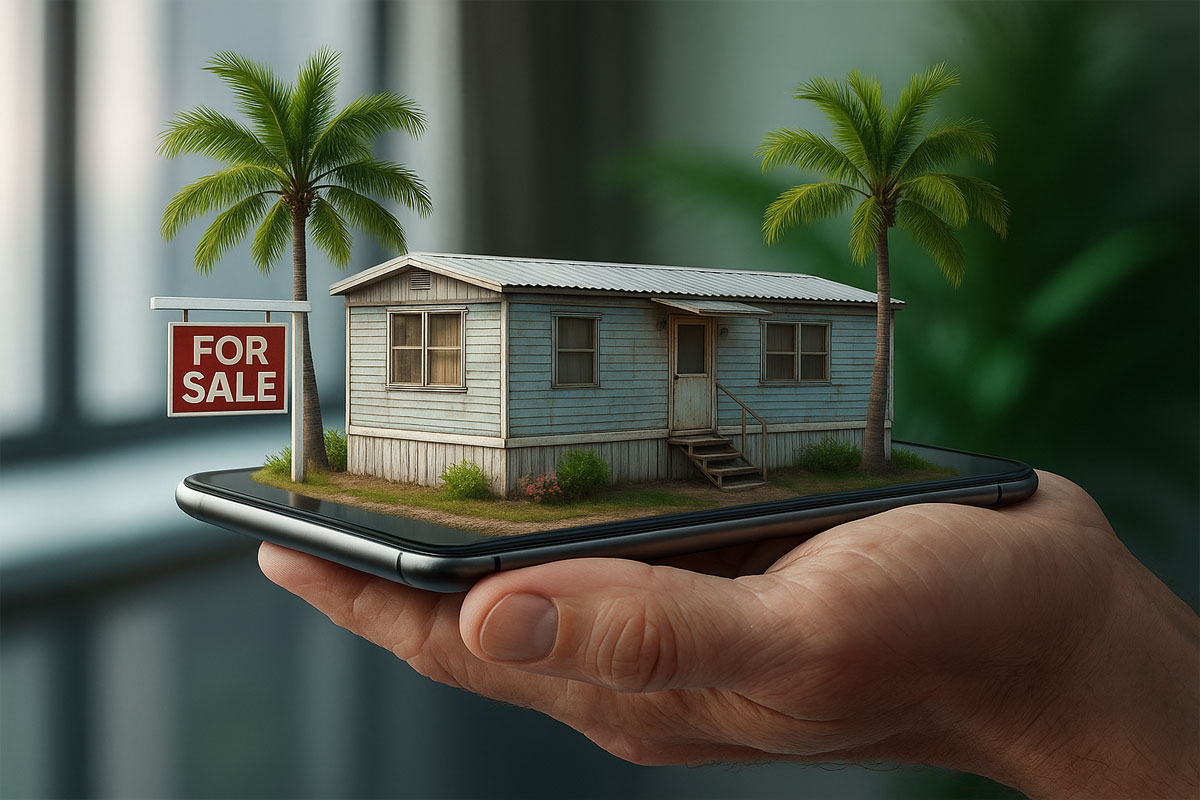 man holding tablet with mobile home for sale visualized