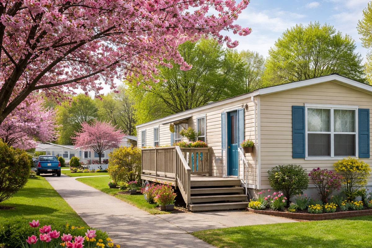 a mobile home during the springtime